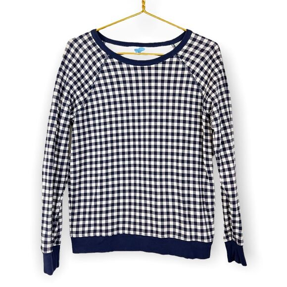 Draper James Natalie Sweatshirt French Terry Gingham Check Navy Pullover Small - Picture 2 of 8